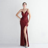 Women Backless Navy Sequin Strap Beading Party Maxi Dress Sexy Slit Evening Dress Long Prom Dress