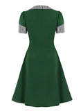 Contrast Collar and Cuff Bow Front Button Up A-Line Women Elegant Summer Ladies Midi Vintage Dresses