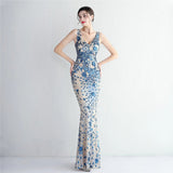 Women Beading Long Prom Dress V Neck Green Sequin Evening Dress Sexy Party Maxi Dress