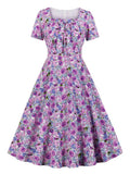 Square Neck Bow Front Floral Print Casual Vintage Summer Elegant Women Short Sleeve High Waist A Line Swing Dresses