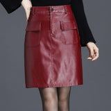 Office Midi Women Leather Maxi Skirt Ladies High Waist Pocket Autumn Red Black Formal Skirt