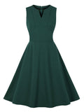 Notch Neck High Waist Vintage Style Sleeveless Plain Green Solid Summer Swing Dress