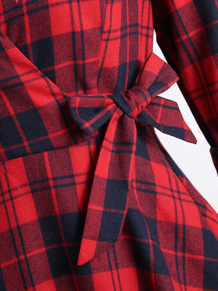 Notched Collar Red Plaid Cotton Vintage 50s Bow Dresses Women Three Quarter Sleeve Elegant Retro Robe Midi Dress