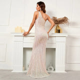 Women Sexy Slash Neck Party Maxi Dress One Shoulder Sequin Evening Long Prom Dress