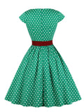 Green Retro Polka Dot 1950s Rockabilly Pleated Belted Dress Cap Sleeve Summer Women High Waist Vintage Dresses