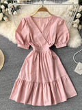 Ruffle Hem Short Puff Sleeve Dress Ladies Crossover V Neck Solid Casual Mini Dress