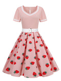 Pink V-Neck Short Sleeve Pleated Vintage Strawberry Dress with Belt Women 50s Pinup Robe Evening Summer Dress