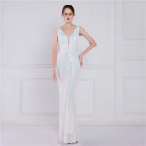 Women White Beading Long Evening Dress Deep V Neck Sequin Prom Sexy Party Maxi Dress