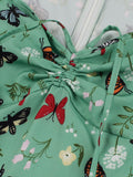 Butterfly and Floral Print Short Sleeve Summer Women Drawstring Sweetheart Neck A-Line 50s Vintage Dress