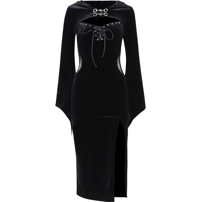 Gothic Suit With Hat See Through Velvet Lace Cutout High Slit Long Sleeve Button Lace-up Party Smock Dress