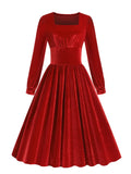 Square Neck High Waist Red Velvet Long Dresses for Women Winter Christmas Elegant Birthday Pleated Vintage Dress