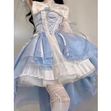 Elegant Girl Cosplay Princess Puff Sleeve Ribbon Bowknot Flower Tunic Mesh Fantastic Fairy Lolita Dress