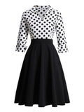 White and Black Two Tone Polka Dot Elegant Vintage Midi Dresses Women V-Neck Three Quarter Sleeve 50s Retro Dress