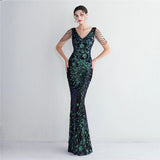 Women Beading Long Prom Dress V Neck Green Sequin Evening Dress Sexy Party Maxi Dress