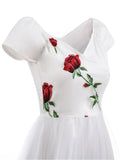 Rose Floral Embroidered V-Neck Elegant Party Dress Pleated Mesh Overlay Women Short Sleeve Vintage Summer Dresses