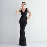 Women Beading Long Prom Dress V Neck Green Sequin Evening Dress Sexy Party Maxi Dress