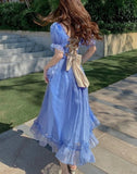 Summer Vintage Backless Fairy Party Midi Korean Casual Lace Up Bow Sweet Dress