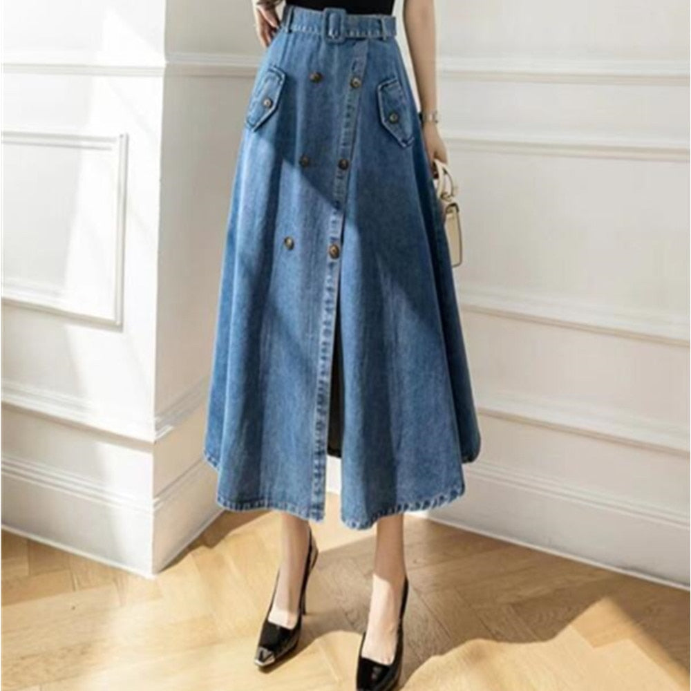 Women's Casual High Waisted Solid Button Up Denim Jean Skirt