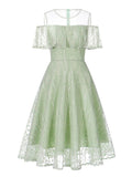 Mesh O-Neck Ruffle Trim Cold Shoulder Elegant Robe Lace Long Summer Elegant Party Vintage Swing Dresses