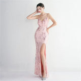 Women Sexy Slit Party Maxi Dress Strap V Neck Evening Dress Pink Sequin Dress Long Prom Dress