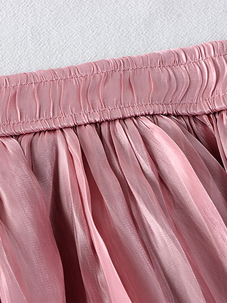 Fashion Shiny Crease Effect Vintage Elegant Women Elastic High Waist A Line Midi Skirt