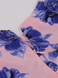 V-Neck Ruffle Sleeve High Waist Vintage Pink with Floral Summer Dress Women Retro 50s Party Pleated Dress