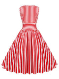 Red and White Striped High Waist Rockabilly Vintage Cotton Dresses Women O-Neck Sleeveless Pinup 50s Pleated Dress