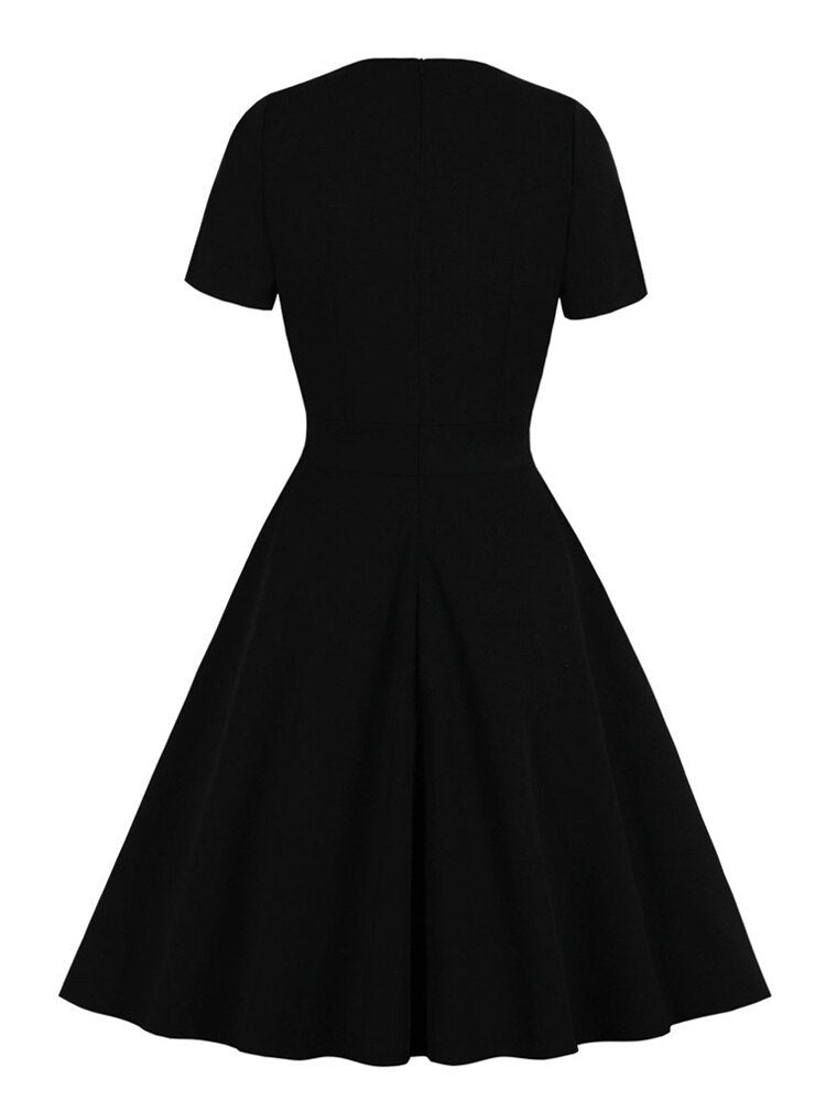 Lace V-Neck Black Vintage Style Ladies Elegant Party Women Short Sleeve A-Line Knee Length Swing Dress