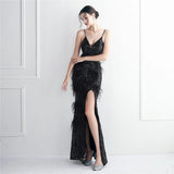 Women Sexy Slit Party Maxi Dress Strap V Neck Feather Evening Black Sequin Long Prom Dress