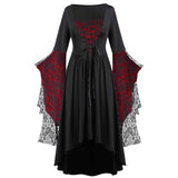 Gothic Halloween Dresses Women Vintage Witch Vampire Dress Up Carnival Party Trumpet Sleeve Long Dress