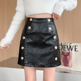 Ladies A-line Mini Skirts Fashion Korean Style Double-breasted Pu Leather Women High Waist Short Skirt