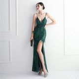 Women Sexy Slit Party Maxi Dress Strap V Neck Feather Evening Black Sequin Long Prom Dress