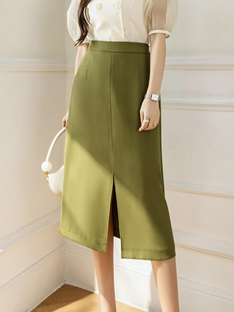 High Waist A-line Women Summer Korean Style Solid Color All-match Ladies Elegant Long Skirt