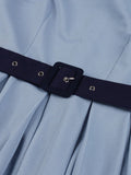 Color Block High Waist 1950s Pinup Vintage Belted Pleated Women Short Sleeve Knee Length Rockabilly Summer Dress