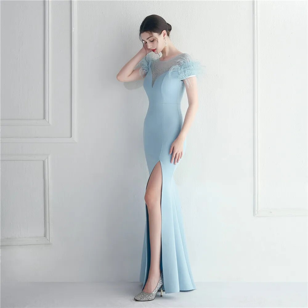Elegant Feather Long Party Sexy Slit Crystal Dress Floor Length Evening Party Maxi Celebrity Dress