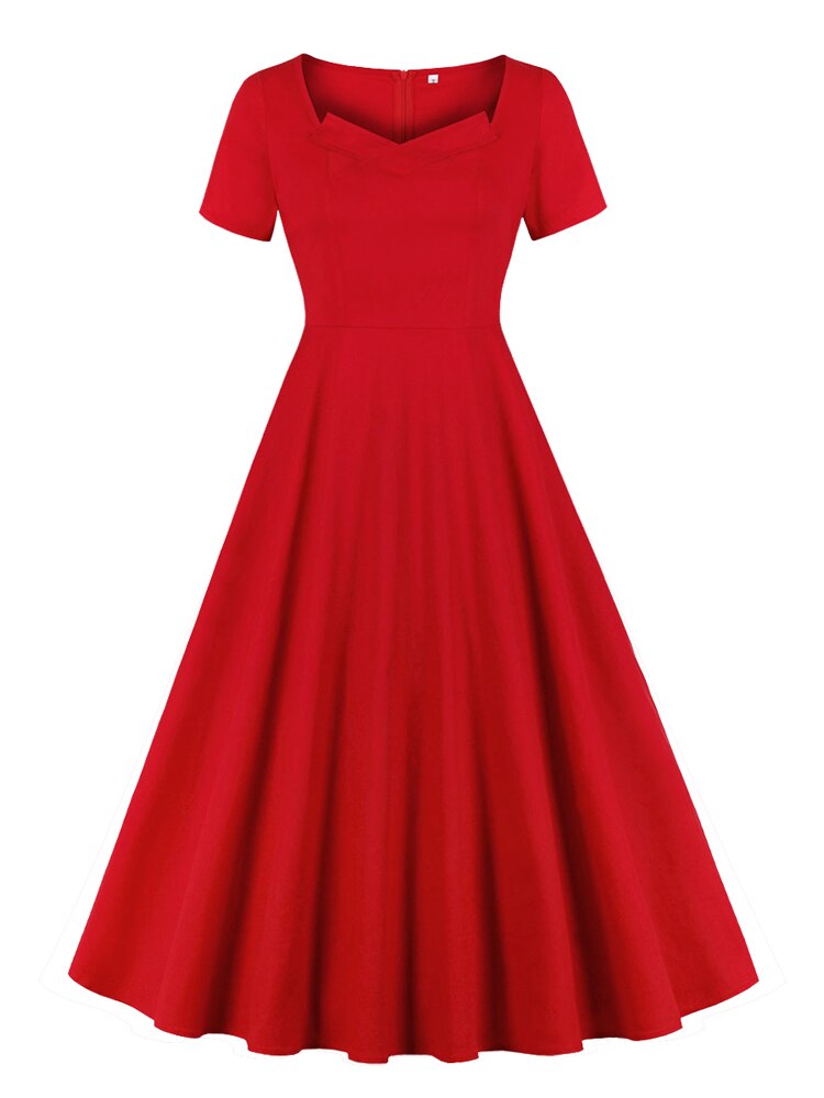 Red High Waist Women Elegant Short Sleeve 50s Vintage Party Ladies A Line Cotton Long Retro Maxi Dresses