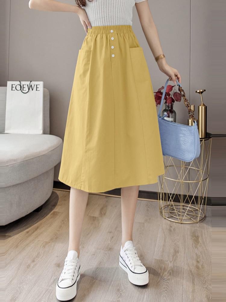 Women Summer Casual Skirts Korean Style Solid Color All-match High Waist Ladies Elegant A-line Skirt