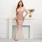 Stretch Gold Sequined Maxi Dress Full Sleeve V Neck Mermaid Evening Night Long Party Prom Dress