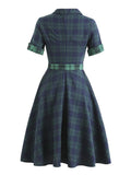Blue and Green Plaid Vintage Women Button Up Shirt Dress Spring Cotton Elegant Ladies Midi Swing Dresses with Belt