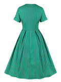 V Neck Button Up Striped Vintage Women Short Sleeve Green Elegant Pocket Side A Line Summer Dress