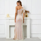 Women One Shoulder Slit Sequin Evening Gold Ruffles Celebrity Maxi Dress Sexy Slash Neck Long Party Dress