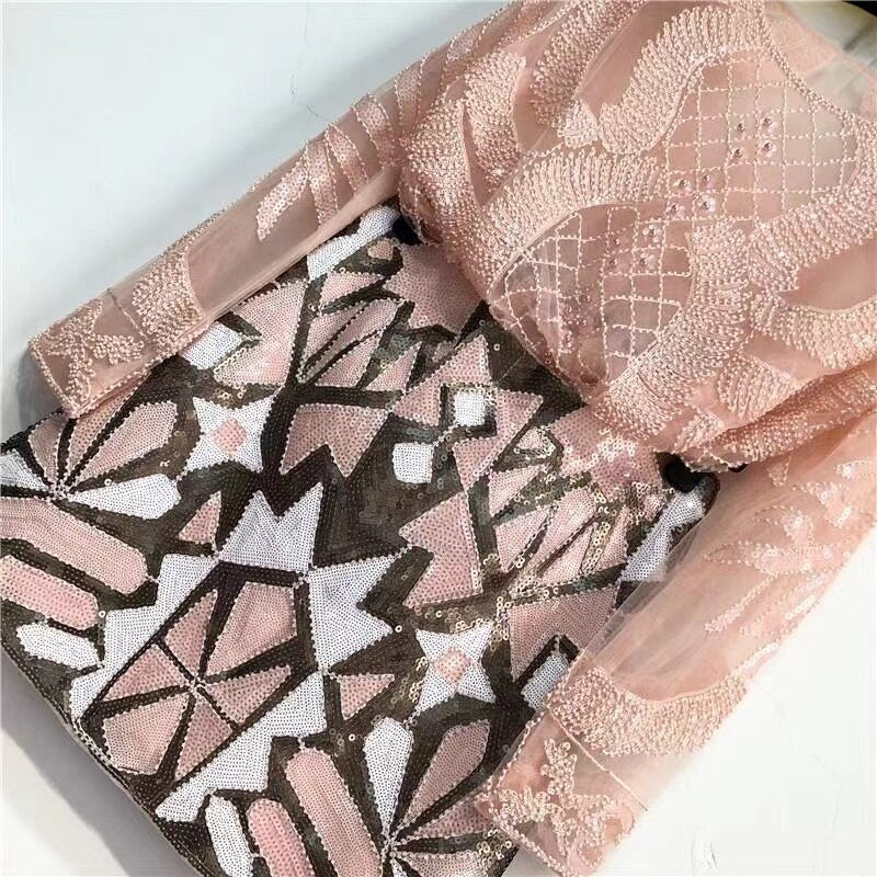 2 pcs/set Women Vintage Pearl Beads Embroidered Flower Sequins Long Sleeve T-shirt+ Geometric Color Block Beaded Sequin Skirt