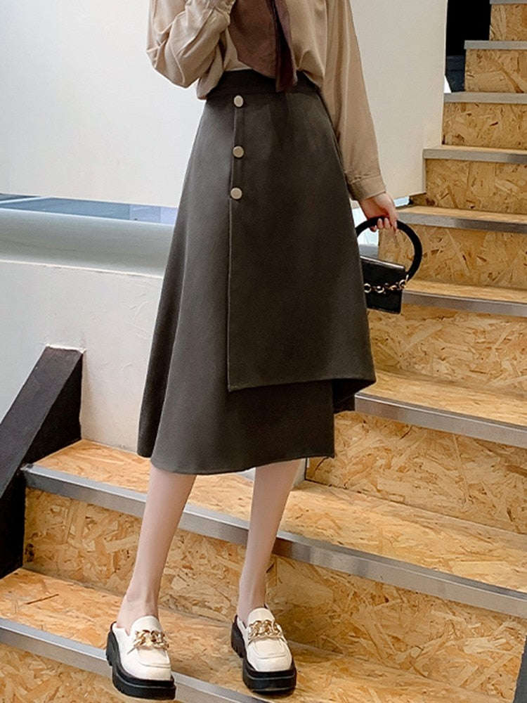 High Waist A-line Women Spring Korean Style Solid Color All-match Office Lady Elegant Long Skirt