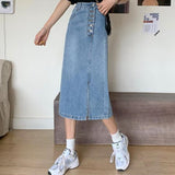New Denim Women Long Jeans Skirt Button A-Line Casual High Waist Skirts