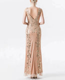 V-Neck Sequin Embroidered Women Elegant Luxury Cocktail Dresses Evening 1920s Party Backless Flapper Maxi Long Dress