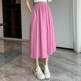 Women Elegant High Waist Pleated Maxi Skirts A-line Long Summer Korean Pink Skirt