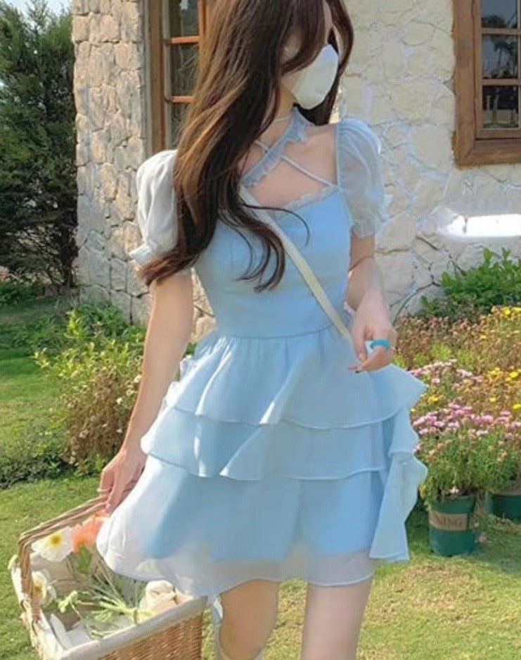 Summer Lace Solid Fairy Fluffy Ruffle Flounce Sweet Mini Korean Bandage Slim Party Dress