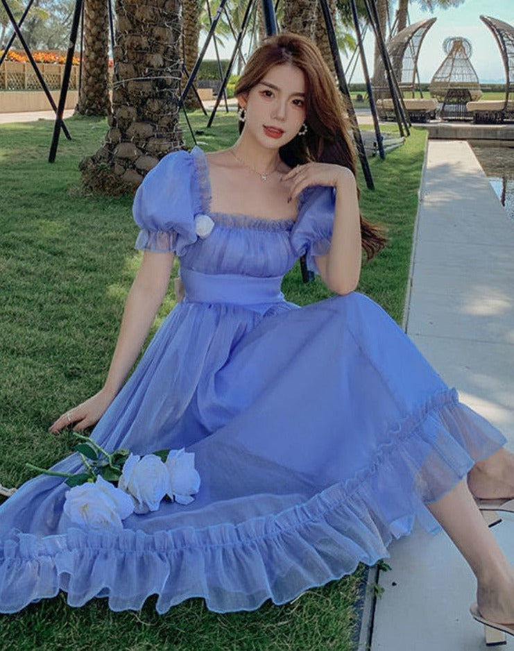 Summer Vintage Backless Fairy Party Midi Korean Casual Lace Up Bow Sweet Dress