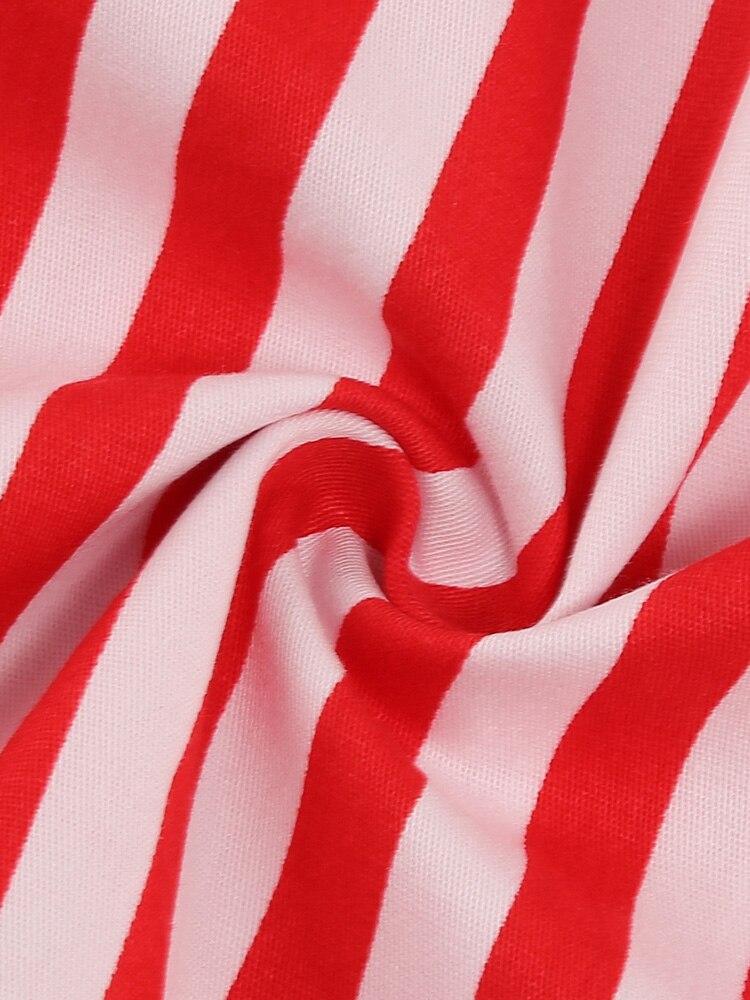 Red and White Striped High Waist Rockabilly Vintage Cotton Women O-Neck Sleeveless Pinup 50s Pleated Dress