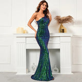 Women Sexy Slash Neck Party Maxi Dress One Shoulder Sequin Evening Long Prom Dress